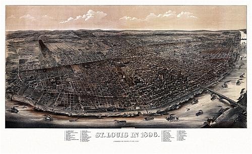 Historic Maps - St. Louis Bird's Eye View Map 1896 Missouri - St. Louis City County - St. Louis in 1896. 36x54