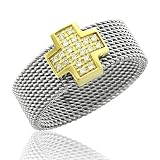18k Yellow Gold and Stainless Steel Diamond Band Ring (H, SI, 0.10 carat)-Band Width:7mm-Size 7.5