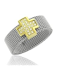 18k Yellow Gold and Stainless Steel Diamond Band Ring (H, SI, 0.10 carat)-Band Width:7mm-Size 7.5