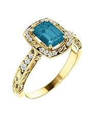 18K Yellow Gold 7.00x5.00mm Emerald Cut London Blue Topaz and Diamond Ring -- LIFETIME WARRANTY