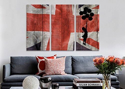 USMONON Fashionable BNK68 3-Piece Ballon Girl Flying British Pride by Banksy Canvas Print, 60-Inch by 40-Inch, 1.5-Inch Deep
