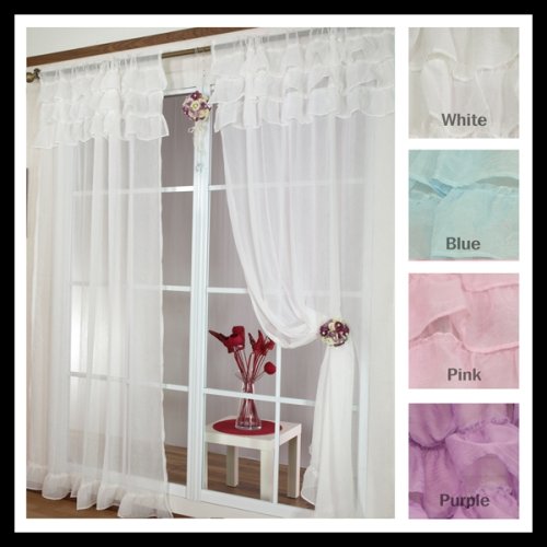 Beautiful Chiffon Sheer Ruffle Curtain 84L Set - WHITE