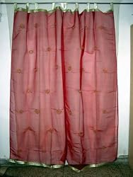 2 Organza Fire Brick Red with Gold Mirror Embroidered Curtains Panel 92" Tabs