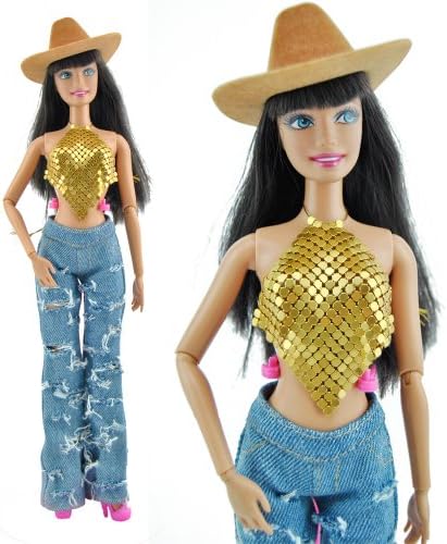 Yiding Handmade Barbie Dress with New Fashion Metal Clothes Blue Jeans Cowboy Hat