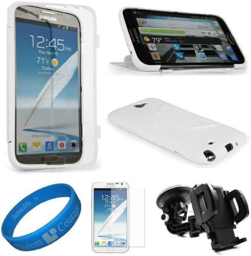 (Clear) Wrap Up TPU Silicone Skin Cover w/ Stand Feature for Samsung Galaxy Note II Android Smart Phone + Clear Anti Glare Screen Protector Strip w/ Cleaning Cloth + Universal Windshield Mount Holder with Suction Cup Holder + SumacLife TM Wisdom Courage Wristband