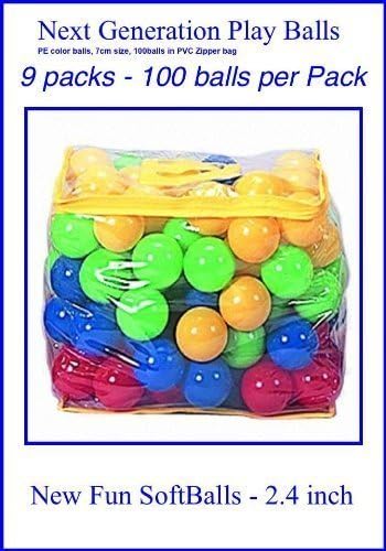 900 Next Generation SOFT BALLS - Phthalate Free pit balls packed in zipper tote bags for easy storage. Each ball measures 2.4", a great size for all ages. Great Ball Pit Balls, SMALLER AND SOFTER THAN THE COMMERCIAL GRADE - Will not crush for normal use - may crush if stepped on direct