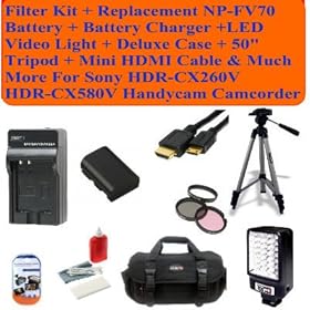 Deluxe Package Includes- Filter Kit + Replacement Np-fv70 Battery + Battery Charger + Video Light + Case + 50 Tripod + Mini Hdmi Cable & Much More for Sony Hdr-pj200 Hdr-pj260v Hdr-pj580v Handycam Camcorder