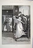CAUGHT KISSING UNDER MISTLETOE GIRLS 1890 ANTIQUE PRINT