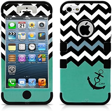 iPhone 5 Case, MagicMobile® Hybrid Impact Shockproof Cover Hard Armor Shell and Soft Silicone Skin Layer [Chevron Pattern with Heart Anchor Design Color: Black - Turquoise ] with Screen Protector and Stylus