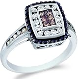 14k White Gold Black, Brown Chocolate & White Diamond Emerald Shape Center Channel Set Princess and Round Cut Womens Diamond Engagement Wedding Anniversary Fashion Ring Band (1/2 cttw)