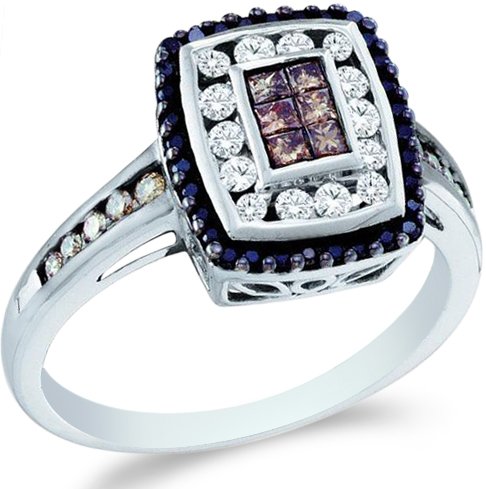 14k White Gold Black, Brown Chocolate & White Diamond Emerald Shape Center Channel Set Princess and Round Cut Womens Diamond Engagement Wedding Anniversary Fashion Ring Band (1/2 cttw, H Color, I1 Clarity)