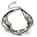 PalmBeach Jewelry Sterling Silver Cultured Pearl Multi-Strand Leather Bracelet