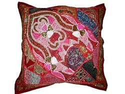 Vintage Sari Patchwork Pink Carmine Moti Beaded Floor Cushion Cover 24 Inch