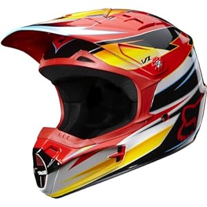 Fox Racing Race Youth Boys V1 MotoX Motorcycle Helmet w/ Free B&F Heart Sticker Bundle - Red/Yellow / Medium