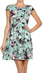 Cotton/Spandex Floral Print Round Neck Cap Sleeves Summer Banding Fit-and-Flare  Dress