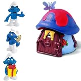 Schleich Smurfs Mushroom Cottage, Blue Plus 3 Piece Classic Smurf Set: Brainy Smurf, Vanity Smurf, and Jokey Smurf