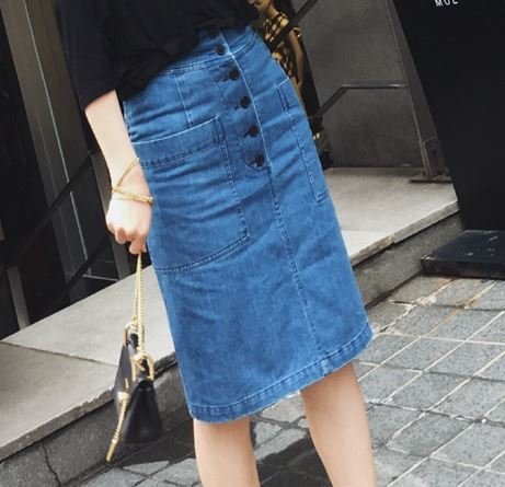 (ALLURE) デニム タイト スカート ミニ ひざ丈 フロントボタン ブルー AF0510