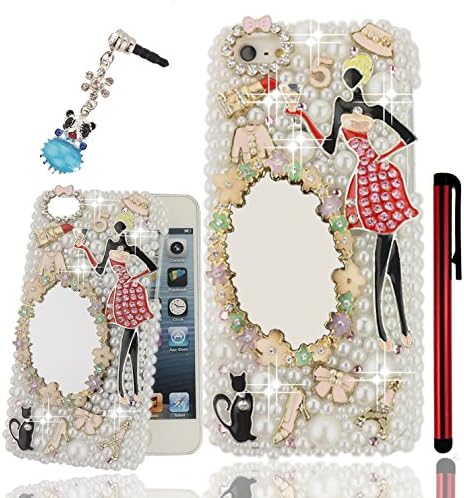 Ancerson Modern Golden Hair Lady with Silvery Cup Glass Red Dress Rose Red Diamond Black Cat White Pearls Pink Crystal Golden Red Lip Green Purple Yellow Flower Princess Makeup Mirror Pink Bow Bowknot Lens Ring Golden Romantic France Paris Eiffel Tower White Pearl Pink Hat Coat Bow Bowknot High-heeled Shoes Five 3D Handmade Luxury Shining Glitter Crystal Diamond Rhinestones Hard Back Case Cover---- Free with a Red Stylus Touchscreen Pen, a 3.5mm Universal Crystal Diamond Rhinestones Bling Lovely Silvery Flower Blue Panda Pendant Dust Plug and a Cleaning Cloth(Transparent Clear Case) (Apple iPhone 5C)