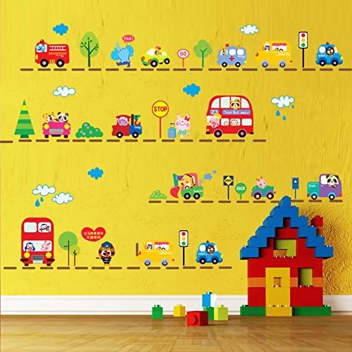 SWORNA Baby Nursery Series Lovely Cartoon Cars Vinyl Removable Wall Art Decor Sticker Decal Mural Decoration for Kids Boy Girl Living Room Bedroom Playroom Kindergarten Hallway Classroom 47"H X 65"W