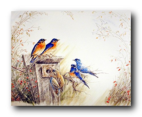 Bluebirds on Tree Feeder Bird Paintings Picture Wall Decor Art Print Poster (16x20)