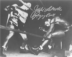 Jake Lamotta Signed 8X10 Photo - (Knocking Sugar Ray Robinson Through Ropes February 1943 Boxing