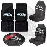 Seattle Seahawks NFL 7pc Auto Accessories Combo Set Front & Rear Floor Mats, Seat Covers & Steering Wheel Cover