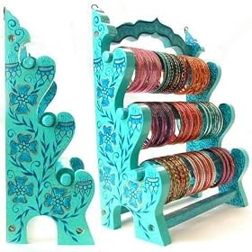 Beachcombers! Small Wall Hanging or Standing Glass Bangle Rack: Indian Hand Painted Wood Glass...