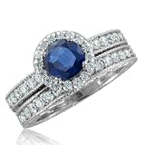 Vintage Inspired Natural Sapphire Diamond Engagement Wedding Ring Bridal Set Platinum Halo Ring (G, SI1, 1.39 cttw), 5mm, Certificate of Authenticity Vintage Inspired Natural Sapphire Diamond Engagement Wedding Ring Bridal Set Platinum Halo Ring (G, SI1, 1.39 cttw), 5mm, Certificate of Authenticity