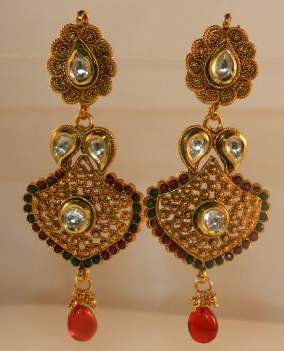 Beautiful Kundan Earrings Red, Green, and White Stones