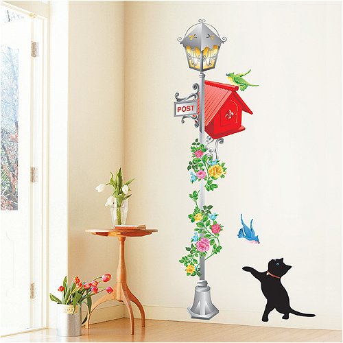 Easy Instant Decoration Wall Sticker Decal – Kittens/Birds with Vintage Lamp/Mailbox