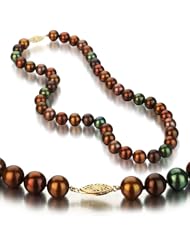 UniquePearl 14K Yellow Gold 9.5-10mm Multi Color Chocolate Freshwater Cultured Pearl Necklace AA+ Quality Pearls, 18 Inch
