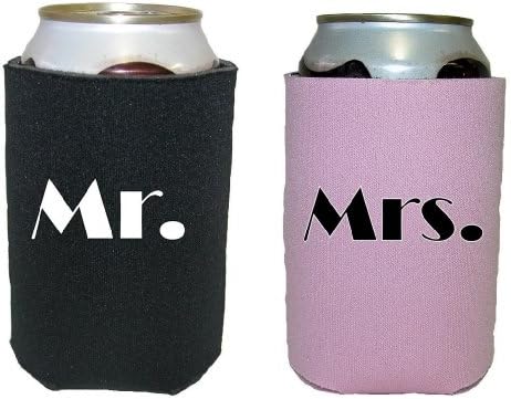 Mashed Mugs - Mr. (White Print)/Mrs. (Black Print) - 2-Pack Collapsible Scuba Foam Can Coolers/Coolies (Black & Pink)