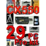 Sony HDR-CX550V 29 Piece Pro Kit with 5 Years Extended Warranty , 3 Piece Lens Cleaning Kit , Card case Holds 3 cards , High speed card reader , Table top Tripod , Camcorder Light , LCD protector , 4G high speed card , 3 piece Filter kit , Rain sleeve , Soft case , 2X Professional High Definition telephoto Lens , 0.5 X professional high Definition wide Angle Lens , Close-up Macro Set , Deluxe camcorder Bag , Pop Abrella , HDMI Cable , External Microphone, TWO Extra High power Battery , Rapid Battery Charger , Extra Cam Rudder : Excellent Handle For Video .