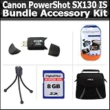 8GB Bundle For Canon PowerShot SX130 IS SX130IS Digital Camera Includes 8GB High Speed SD Memory card + USB 2.0 High Speed Card Reader + Deluxe Carrying Case + Mini Tripod + Clear LCD Screen Protectors + More