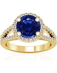 14K Yellow Gold Round Cut Blue Sapphire Ring With Sidestones (GIA Certificate)