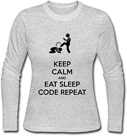 LINEINKE Keep Calm And Eat Sleep Code Repeat Long Sleeve T-Shirt For Women Gray