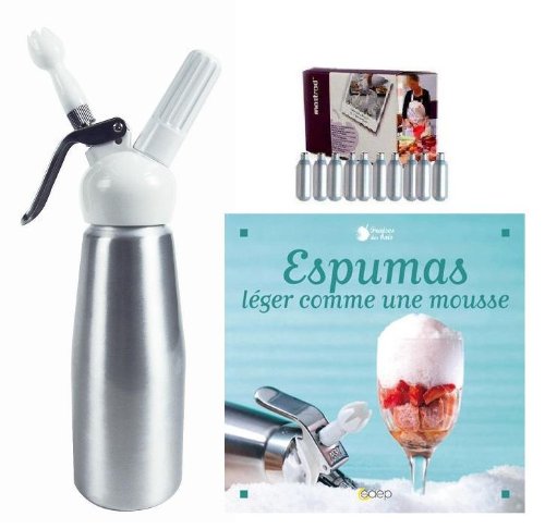Siphon a mousses, sauces et cremes chaudes ou froides 500 ml + 1 boite de 10 cartouches Mastrad + 1 Livre de recettes Les Espumas