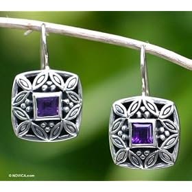 Amethyst earrings, 'Cassava Leaves' by 
