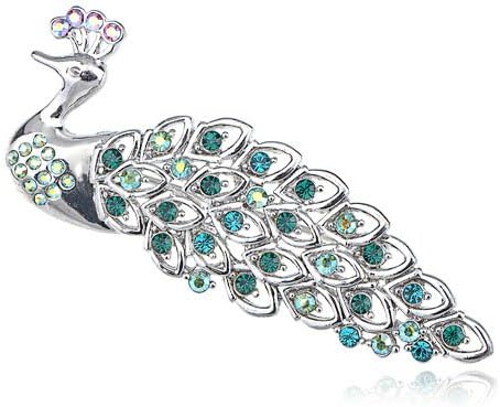 AlilangEmerald AB Crystal Rhinestone Iridescent Blue Feather Peacock Brooch Pin