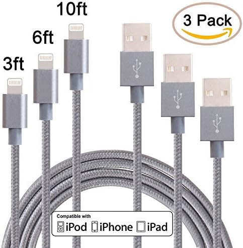 Sethjcsy 3Pack 3FT 6FT 10FT 3IN1 Nylon Braided 8Pin Lightning Cable Charging Cord USB2.0 Data Sync Cable for iPhone 6/6s/6 Plus/5/5c/5s, iPad 4 Mini Air iPod Nano 7 iPod Touch 5 (Grey)
