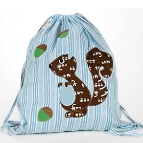 Cocoon Couture Cheeky Squirrel Boys Drawstring Bag in Blue - 100% washable cotton - pinwale back panel