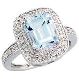 14k White Gold Rectangular Stone Ring, w/ 0.33 Carat Brilliant Cut Diamonds & 2.70 Carats Emerald Cut (9x7mm) Aquamarine Stone, 9/16 in. (15mm) wide