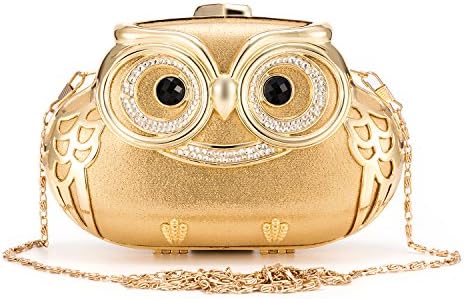 Women's Luxury Evening Purse,RUFFRYDER Ladies Mini Hard Case Crossbody Handbag Chain Clutch Rhinestone Owl for Wedding Evening Party,638#Golden