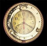 Nautical Solid Brass Porthole Quartz Clock with Fisherman's Rope on Solid Wood