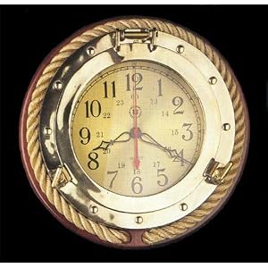 Nautical Solid Brass Porthole Quartz Clock with Fisherman's Rope on Solid Wood by