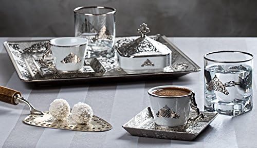 Royal Dore High End Stunning Espresso Turkish Greek Coffee Serving Set with Cups Saucers Sugar Bowl Glasses &amp; Tray in Gift Box (Silver)