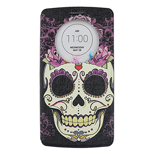 Ancerson PU Leather Case for LG G3 D855 Luxury Colorful Printed Ultra Slim Simple Classic Design Quick Circle Windows View to Show Time Flip Folio Stand Protective Shell Skin Free with a Red Stylus Touchscreen Pen, a 3.5mm Universal Crystal Diamond Rhinestones Bling Lovely Blue Panda Silvery Flower Pendant Dust Plug and a Cleaning Cloth - Retail Package (Red Love Heart White Teeth Skull Purple Rose Orange Daisy)