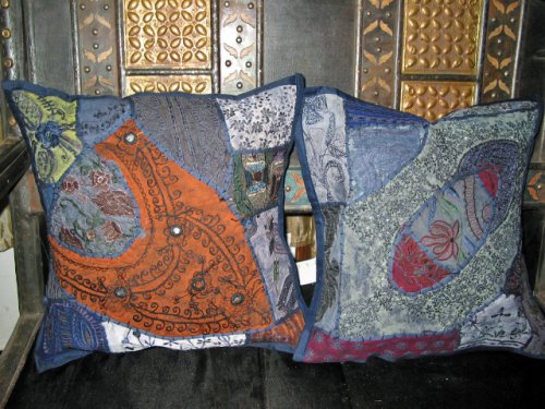 2Decorative Gujrati Embroidered Sari Toss Pillow Cushion Covers