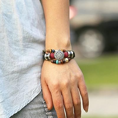 Nice Buckeye Window Papercuts Antiqued Style Wood Plates Studded Adjustable Length Leather Bracelet