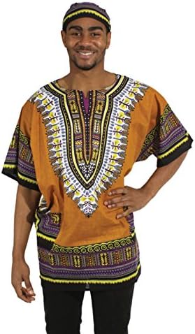 African Unisex Traditional Print Dashiki, Many Colors, One Size (Mustard)